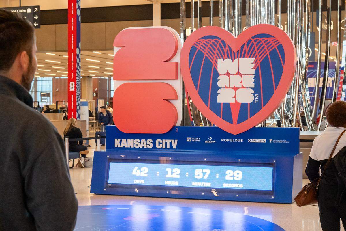 The World Cup 2026 countdown clock is pictured at Kansas City International Airport on April 29, 2026.