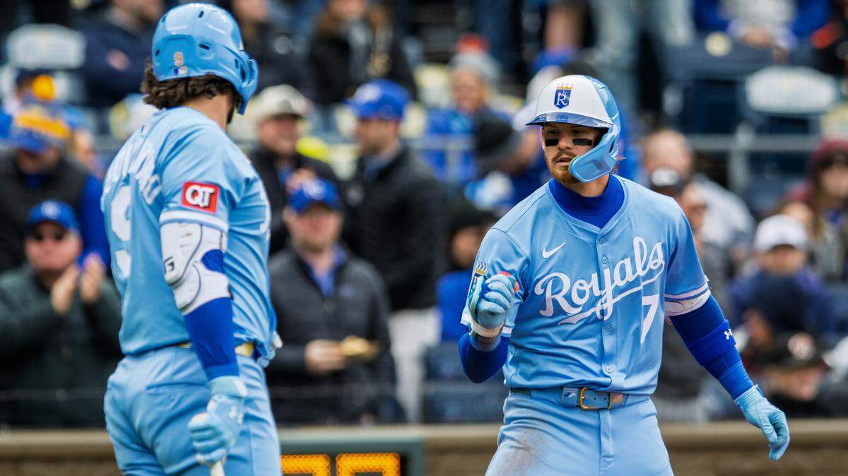 Kansas City Royals shortstop Bobby Witt Jr. (7) reacts after hitting a home run during the sixth inning against the Baltimore Orioles at Kauffman Stadium on April 5, 2025.
