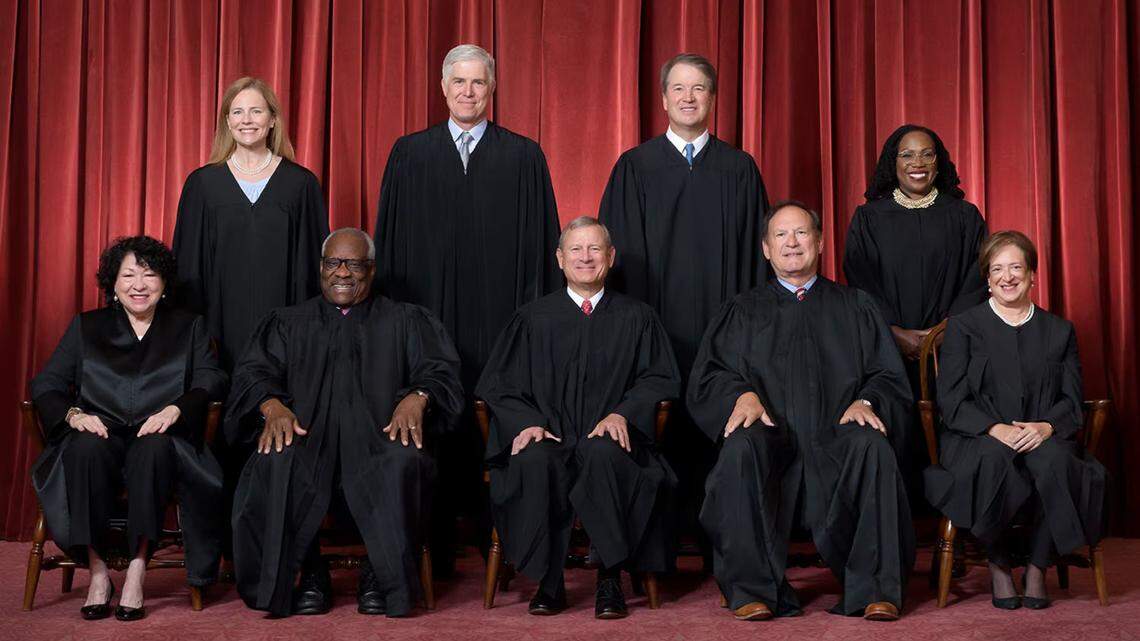 The Supreme Court as composed June 30, 2022 to present.
Front row, left to right: Associate Justice Sonia Sotomayor, Associate Justice Clarence Thomas, Chief Justice John G. Roberts, Jr., Associate Justice Samuel A. Alito, Jr., and Associate Justice Elena Kagan.
Back row, left to right: Associate Justice Amy Coney Barrett, Associate Justice Neil M. Gorsuch, Associate Justice Brett M. Kavanaugh, and Associate Justice Ketanji Brown Jackson.