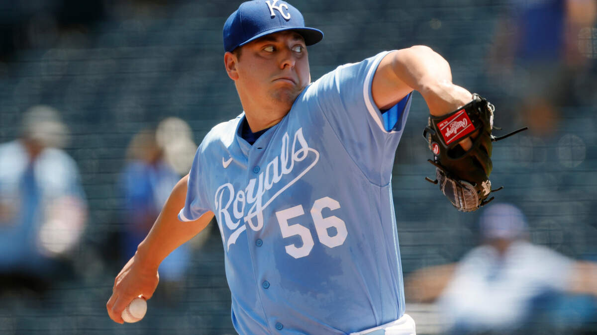 Kansas City Royals pitcher Brad Keller delivers to a Detroit Tigers batter during the first inning of a baseball game in Kansas City, Mo., Monday, July 11, 2022. (AP Photo/Colin E. Braley)
