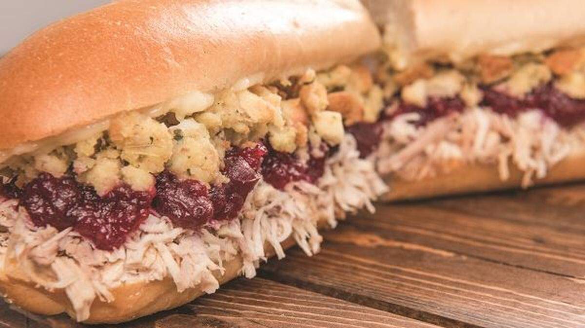 Capriotti’s The Bobbie with turkey, cranberry sauce, stuffing and mayonnaise on a soft roll.