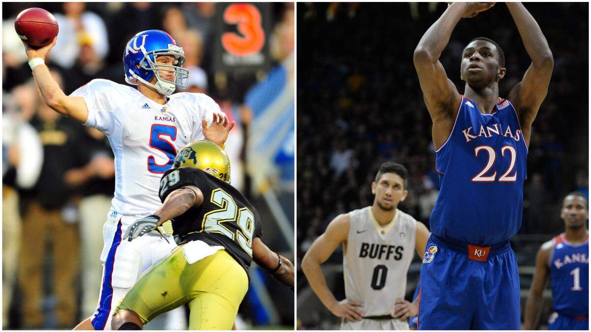 The Kansas Jayhawks have been involved in several memorable games against the Colorado Buffaloes, including contests involving Todd Reesing (left) and Andrew Wiggins (right).