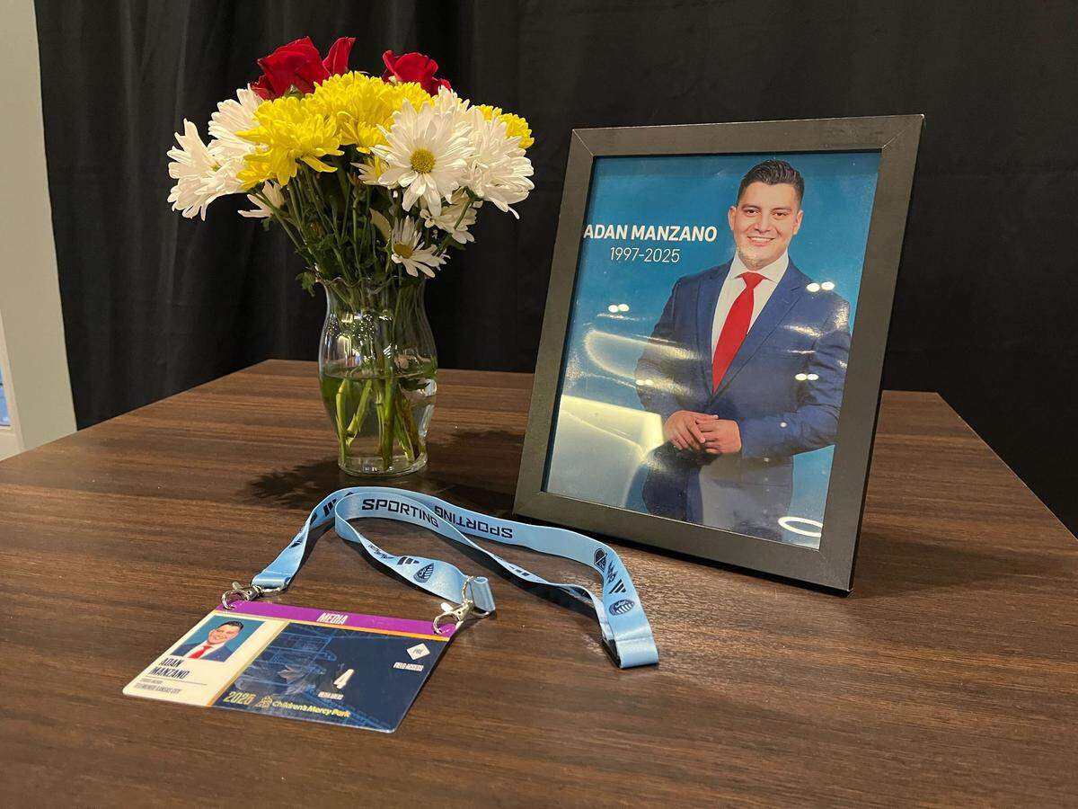 A small memorial was set up for Adan Manzano, a Kansas City sports reporter who died in New Orleans while on assignment covering the Super Bowl for Telemundo Kansas City and Tico Sports, at the Sporting Kansas City media day on Friday, Feb. 14.