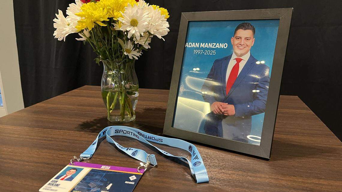 A small memorial was set up for Adan Manzano, a Kansas City sports reporter who died in New Orleans while on assignment covering the Super Bowl for Telemundo Kansas City and Tico Sports, at the Sporting Kansas City media day on Friday, Feb. 14, 2025.