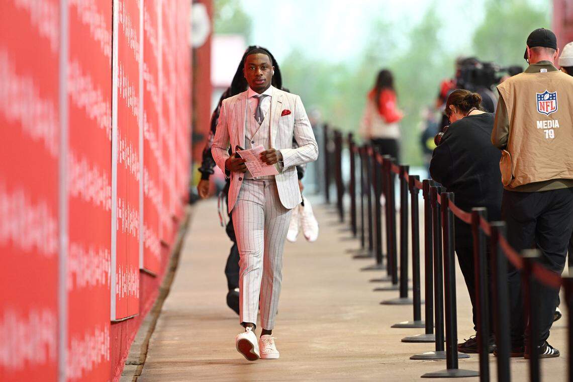 Kansas City Chiefs wide receiver Xavier Worthy arrives before the Chiefs' game with the Washington Commanders on Monday, Oct. 27, 2025, at GEHA Field at Arrowhead Stadium.