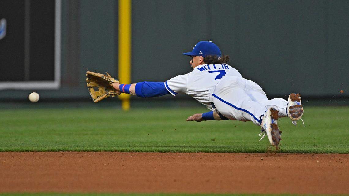 Kansas City Royals shortstop Bobby Witt Jr. dives for a ground ball during the fourth inning Wednesday against the Detroit Tigers at Kauffman Stadium.