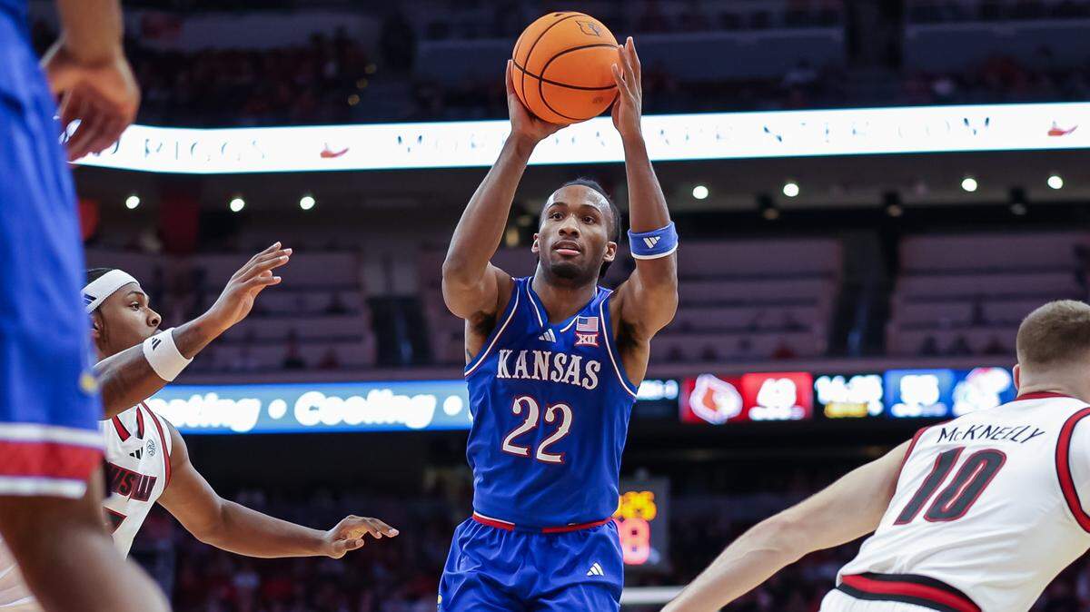 Kansas Jayhawks freshman guard Darryn Peterson looks to pass during a men’s college basketball exhibition game against the Louisville Cardinals at the KFC Yum! Center in Louisville, Kentucky on Friday, October 24, 2025.