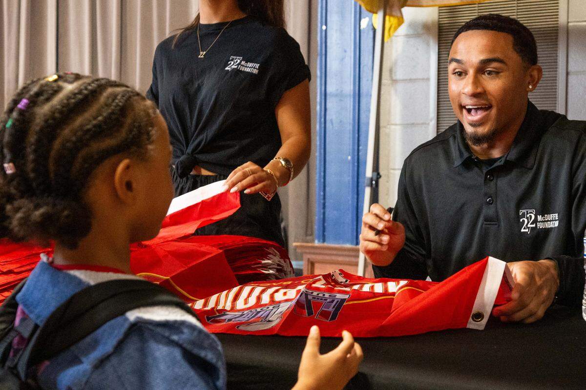 Kansas City Chiefs cornerback Trent McDuffie signs a Chiefs flag for students at Gordon Parks Elementary School during a meet & greet and backpack drive on Monday, Aug. 25, 2025, in Kansas City. In addition to signing autographs, McDuffie donated the backpacks, which also included water bottles and school supplies, to 150 kids at the school through his T22 McDuffie Foundation.