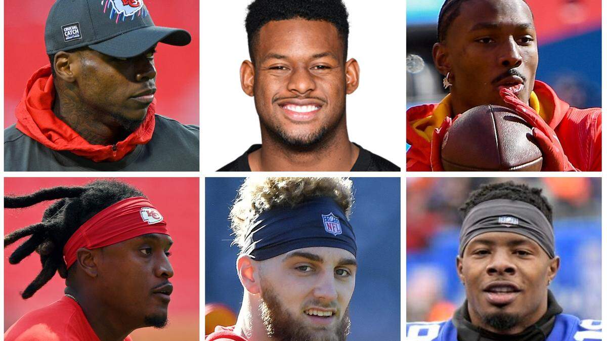 The Chiefs’ in-house options at wide receiver following the trade of Tyreek Hill to Miami on Wednesday include (clockwise from top left): Josh Gordon, JuJu Smith-Schuster, Mecole Hardman, Corey Coleman, Gehrig Dieter and Daurice Fountain.