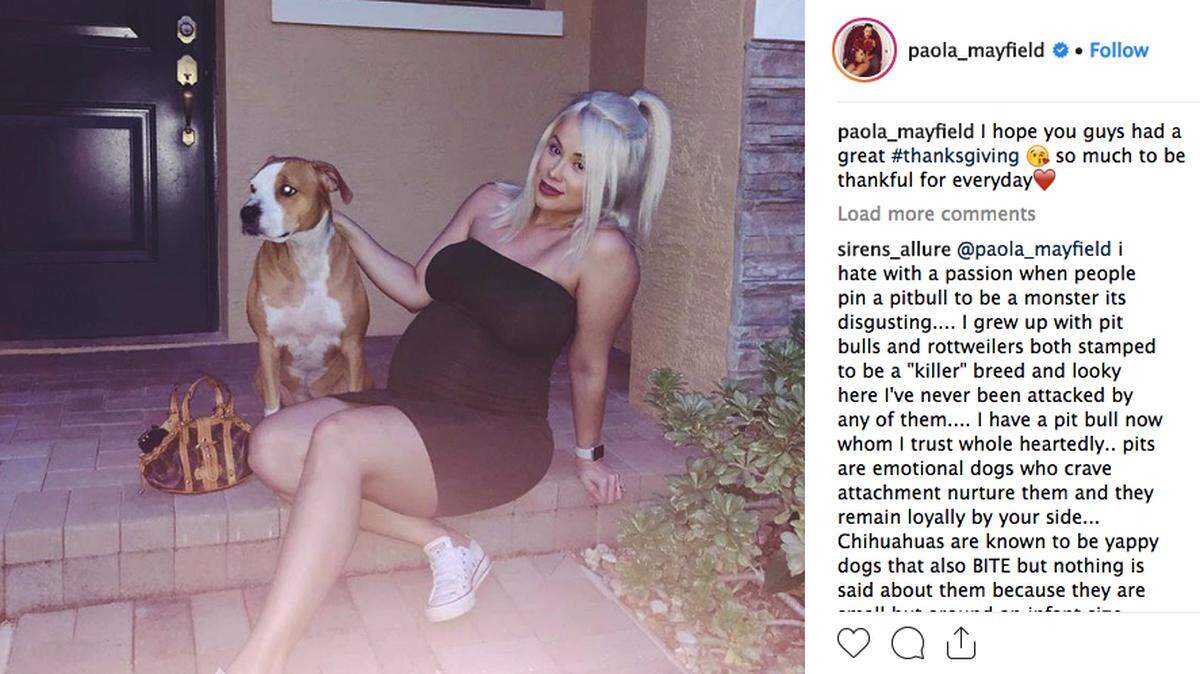 Paola Mayfield, a star of “90 Day Fiance,” has been slammed for posting a photo of herself with her dog, which looks like a pit bull. Some fans begged her to not to have the dog around the baby when it’s born.