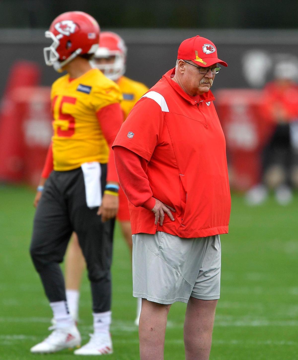Chiefs head coach Andy Reid watches drills during practice Thursday at the Chiefs’ practice facility.
