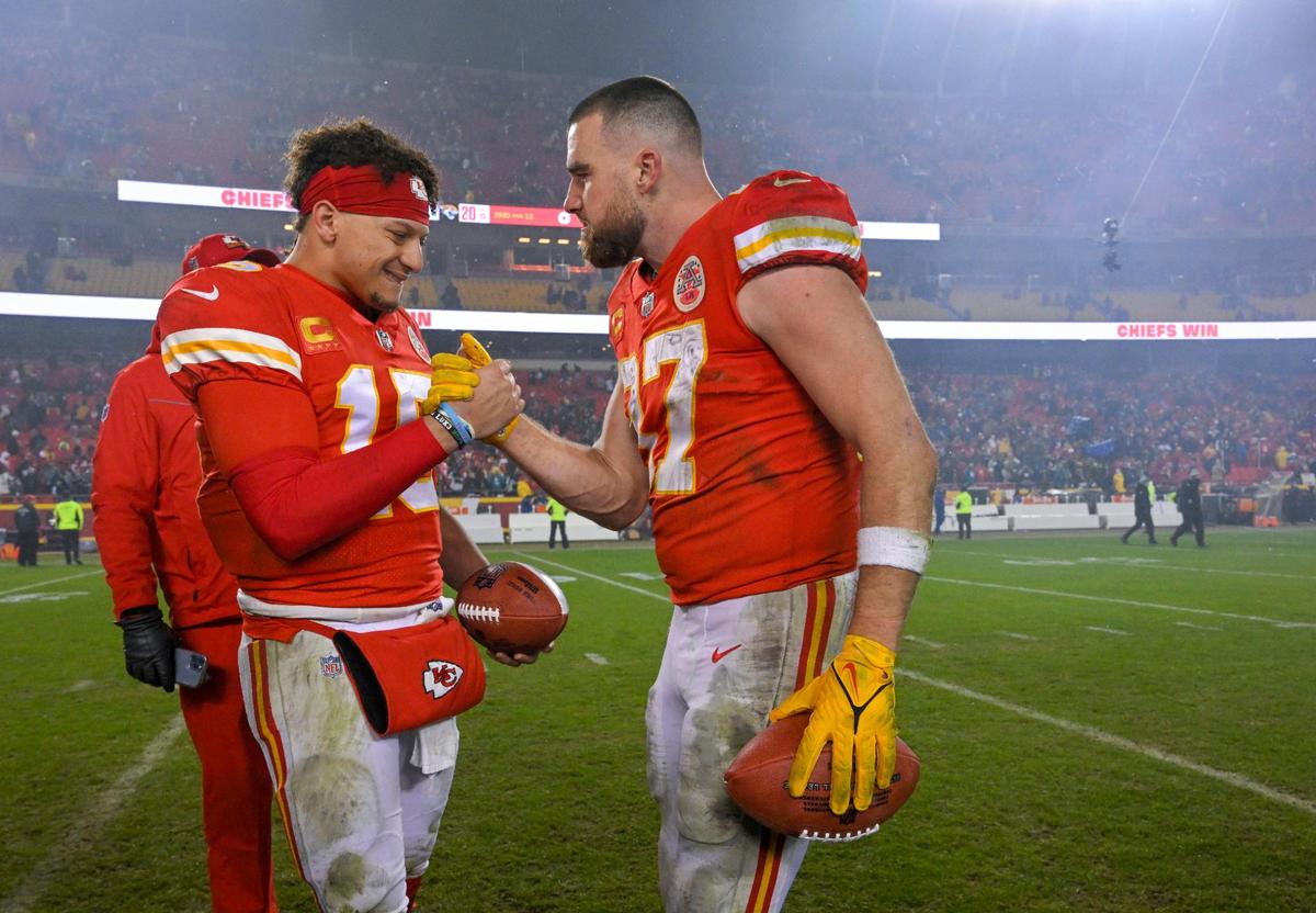 Chiefs quarterback Patrick Mahomes and tight end Travis Kelce celebrated a win over Jacksonville in the Divisional Round of the playoffs on Saturday, Jan. 212023, at GEHA Field at Arrowhead Stadium. Chiefs defeated Jaguars, 27-20.