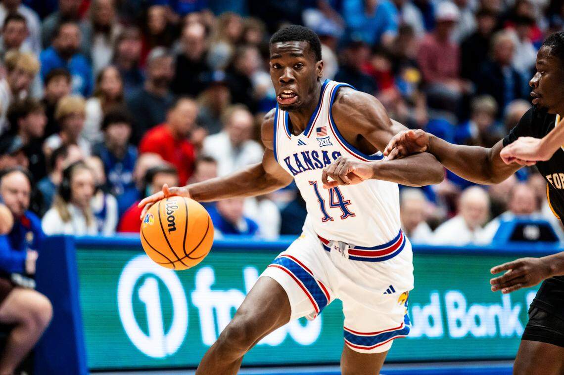 Kansas Jayhawks guard Melvin Council Jr. during an exhibition game against Fort Hays State on Oct. 28, 2025, at Allen Fieldhouse in Lawrence.