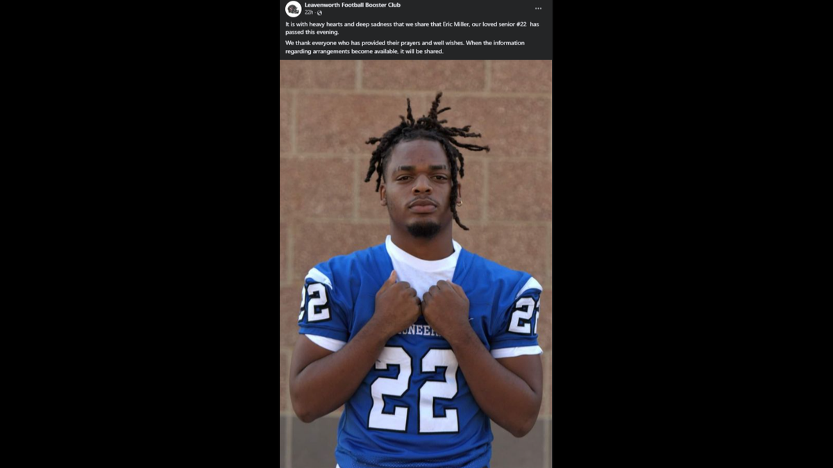 Eric Miller, 18, died Tuesday night in the hospital following a fight after a basketball game at a downtown Leavenworth gym, according to police. He was a member of the Pioneers football team at Leavenworth High School, the Leavenworth Football Booster Club said on Facebook.