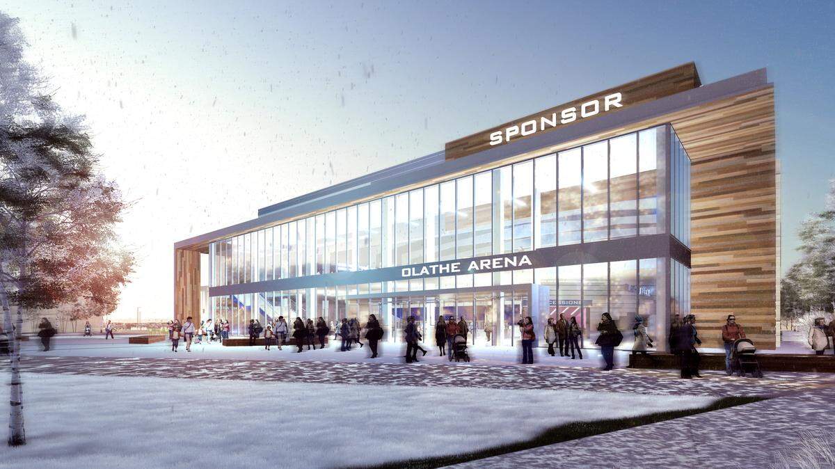 An illustrative view of the south elevation of the Olathe arena.