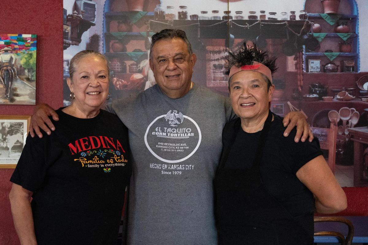 Maria Medina Chaurand, left, Cris Medina and Sandy Medina, owners of La Fonda El Taquito, pose for a portrait on Saturday, Sept. 28, 2024, in Kansas City.