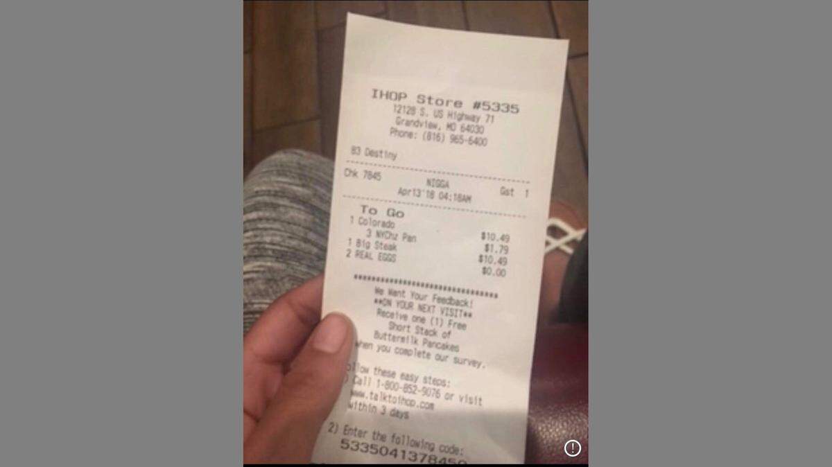 A Grandview teen received this receipt with her take-out order at IHOP.