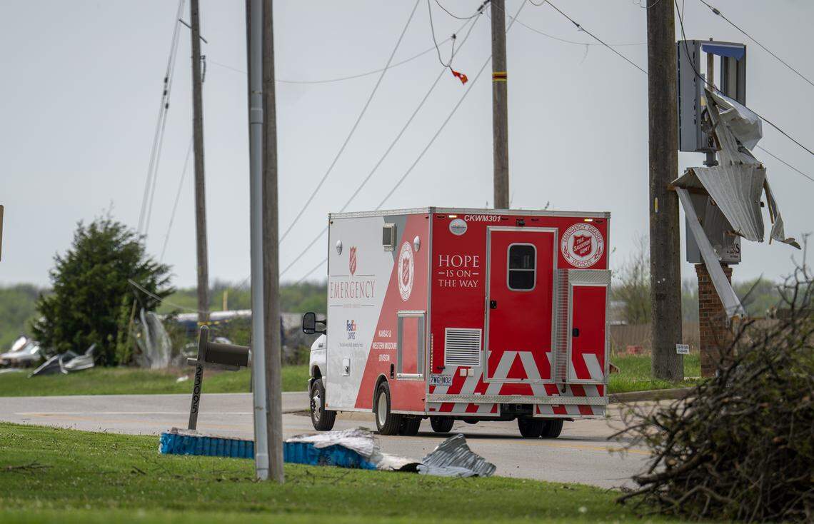 A Salvation Army emergency vehicle was in Hillsdale, Kansas as recovery efforts began Tuesday following an EF-2 tornado that struck Miami County on Monday night, leaving a trail of visible destruction.