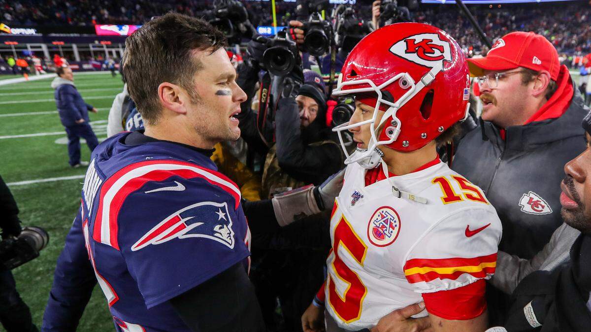 New England Patriots quarterback Tom Brady (12) and Kansas City Chiefs quarterback Patrick Mahomes (15) after the game at Gillette Stadium on Dec. 8, 2019. The Chiefs won 23-16.
