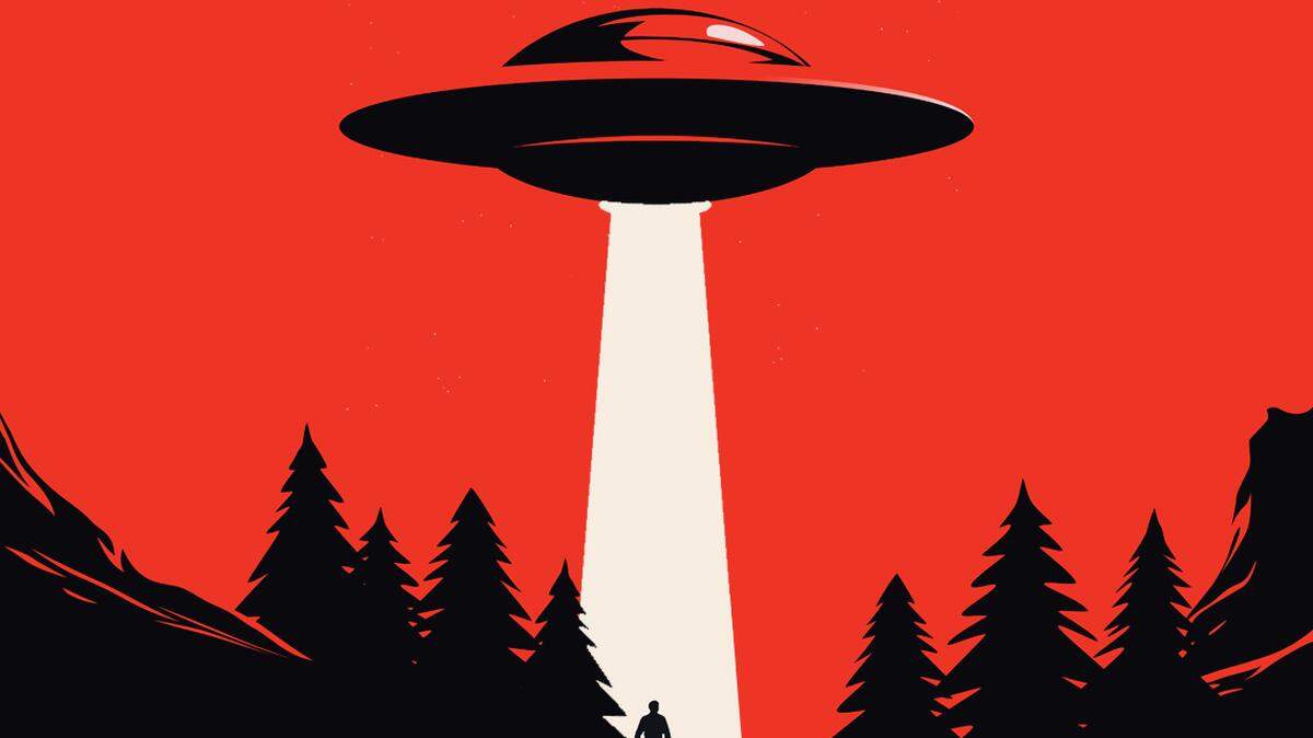 A spooky flying saucer over mountains and fir trees in red mystic skies. UFO Poster.