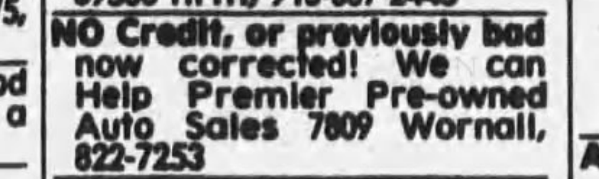 A 1990 advertisement for Premier Pre-owned Auto Sales, a Waldo used-car shop owned by Vince Sanders.