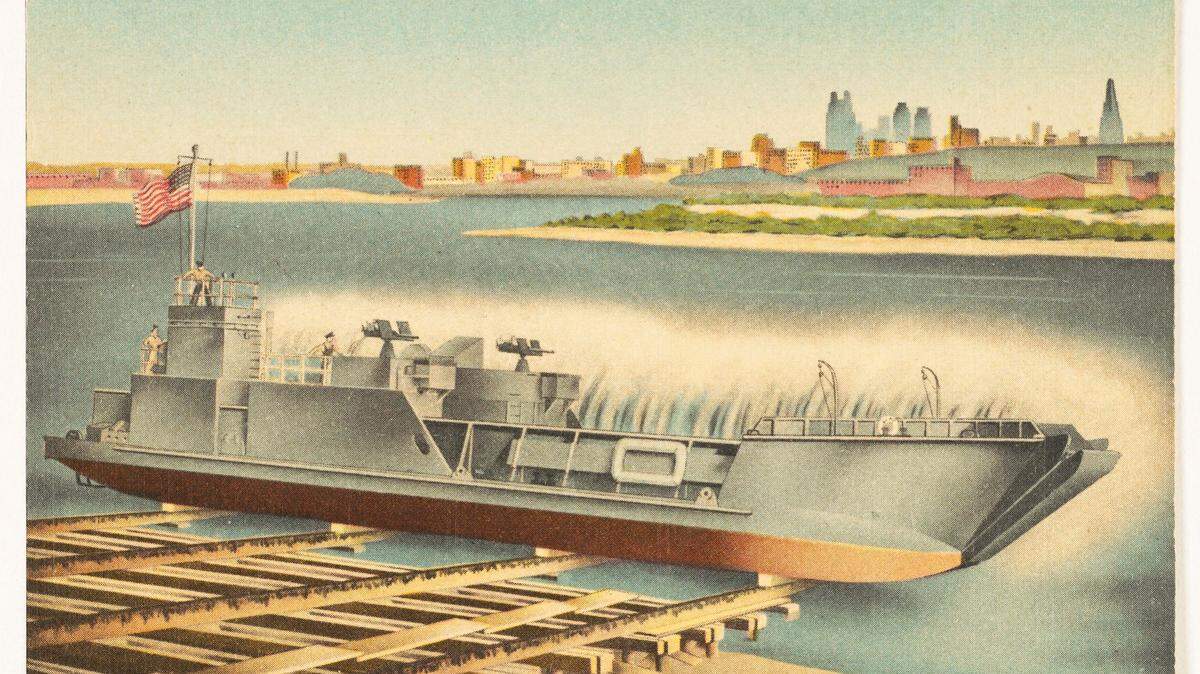 Postcard of a landing craft launched into the Kansas River at some point during WWII. The Darby Corporation in Kansas City, Kansas, built landing crafts that helped the United States get to the beaches of Normandy during World War II.