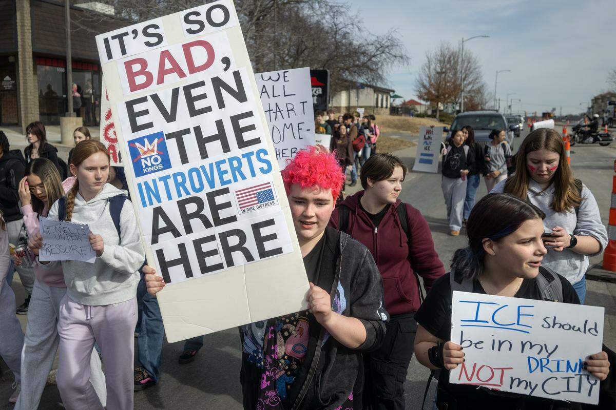 Shawnee Mission North High School students marched in protest of ICE and the Trump administration along Johnson Drive on Wednesday, February 11, 2026, in Overland Park.