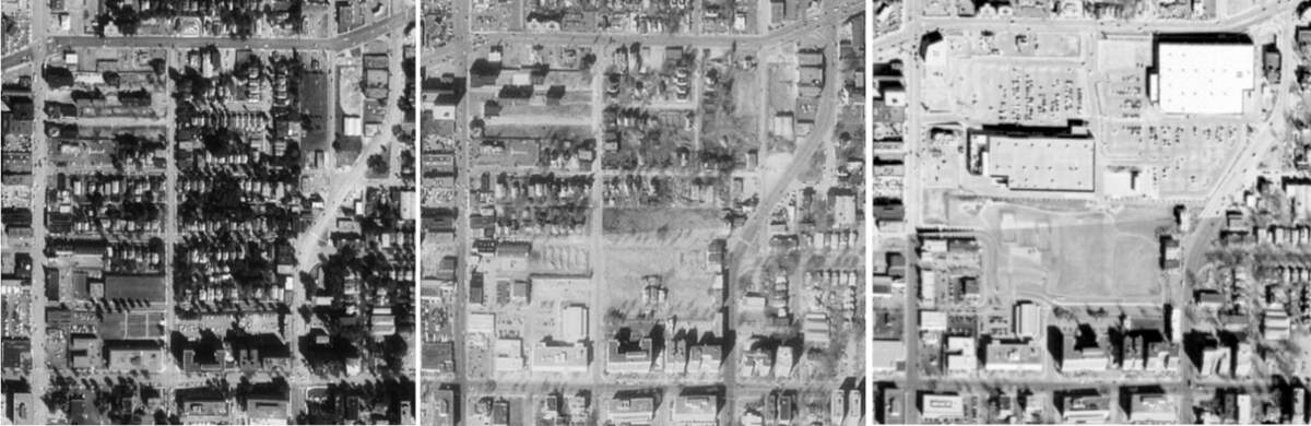Satellite images show the Midtown Marketplace area between 1991 and 2002.