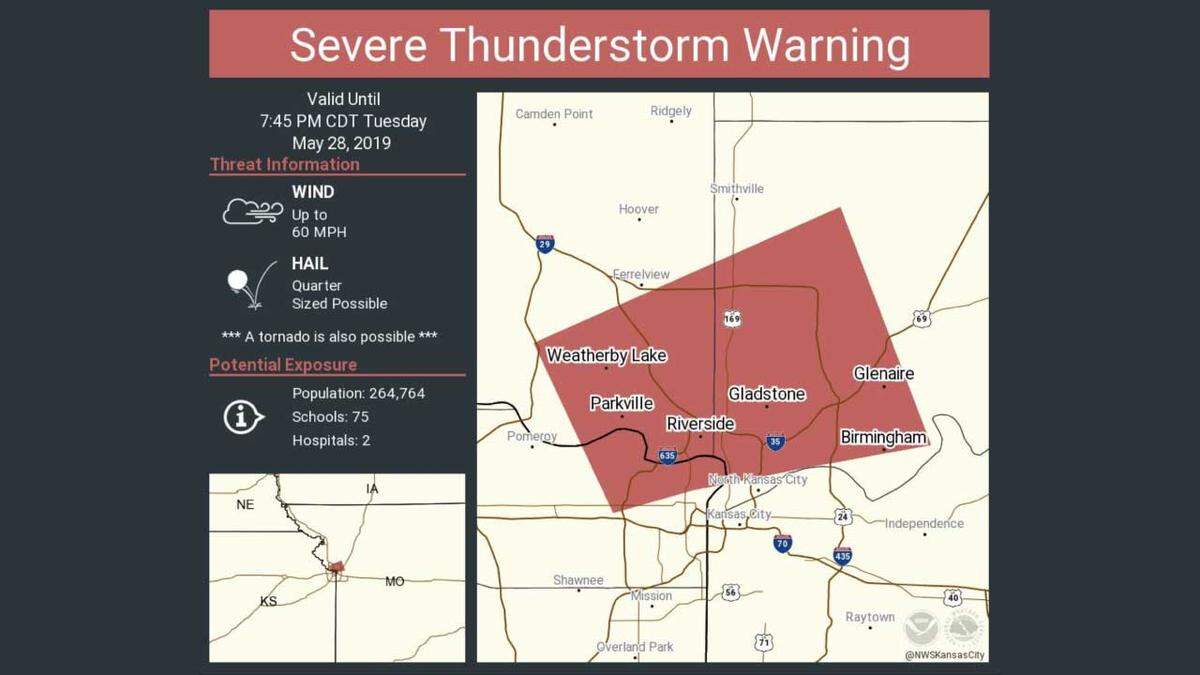 The National Weather Service tweeted this severe thunderstorm warning for Gladstone, Parkville and Pleasant Valley.