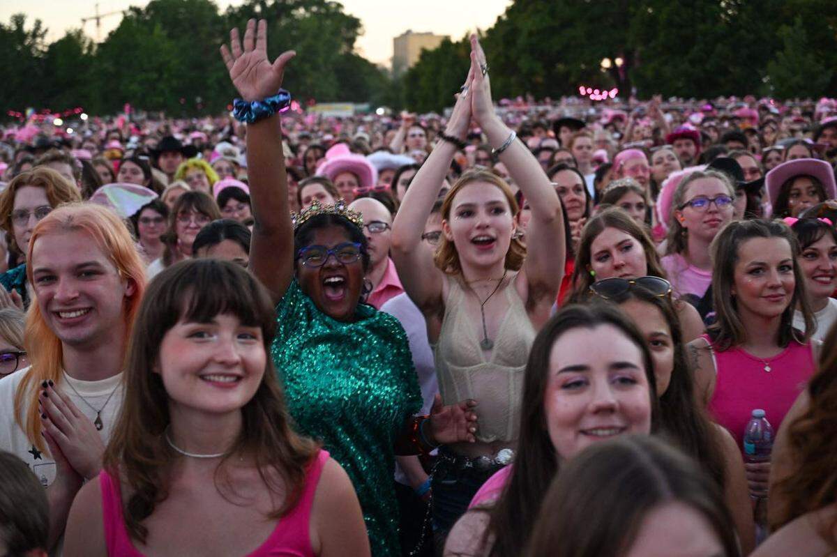Fans cheer on the opening acts at the Chappell Roan concert on Saturday, Oct. 4, 2025, at the National WWI Museum and Memorial in Kansas City.