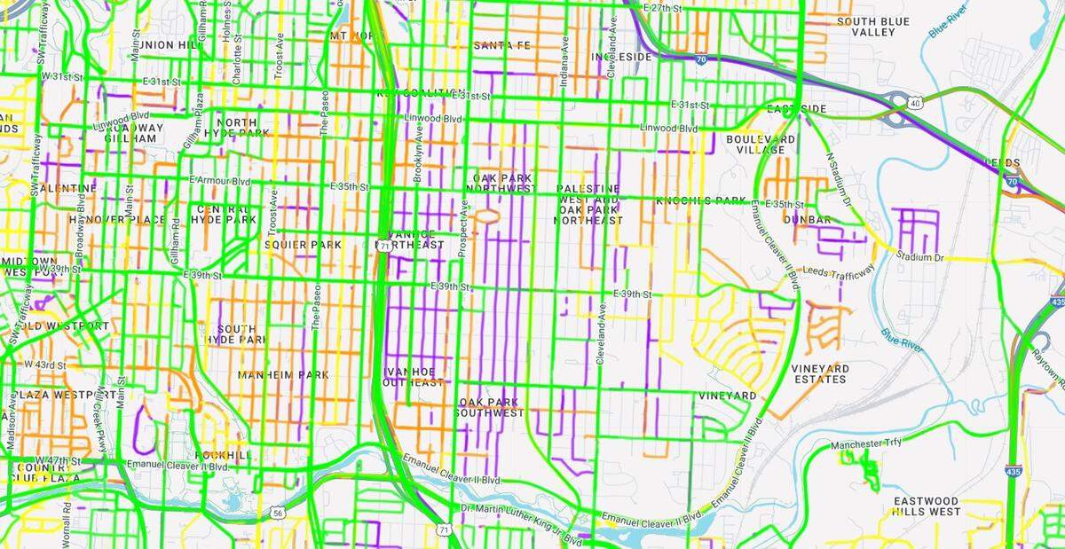 As of mid-afternoon Sunday, Kansas City’s online snow plow map showed several residential neighborhoods that hadn’t been cleared in 16-24 hours, including streets around Oak Park.