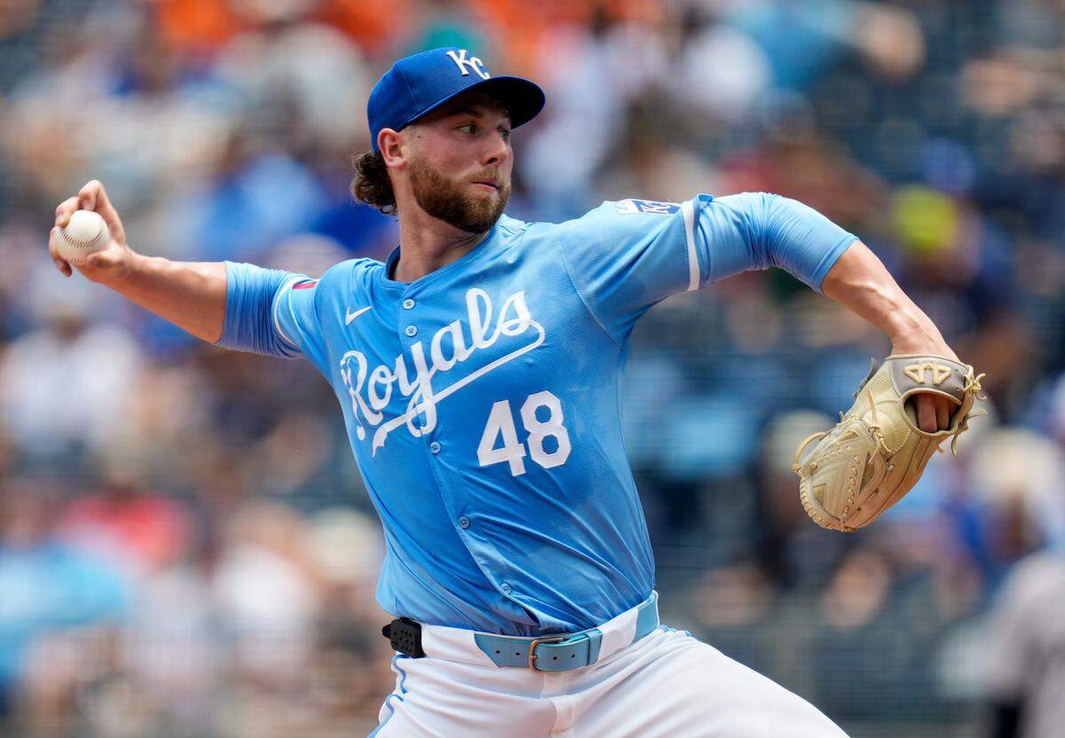 Kansas City Royals starting pitcher Alec Marsh (48) pitches during the first inning against the New York Yankees at Kauffman Stadium.