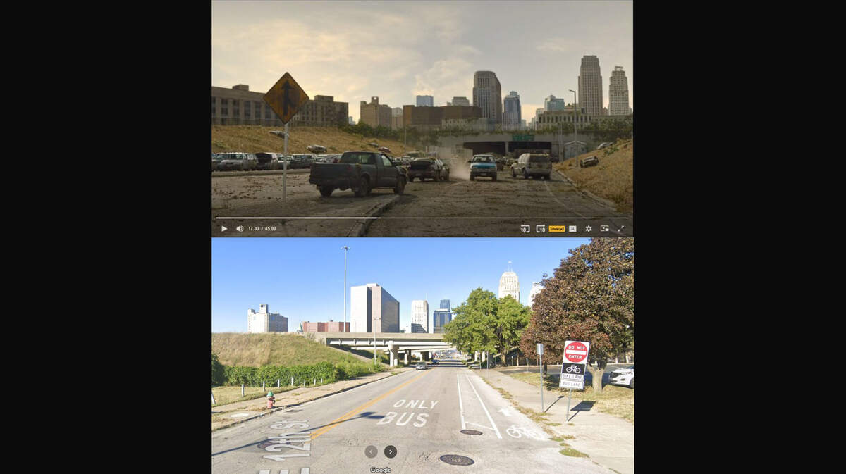 Viewers of HBO’s hit post-apocalyptic drama The Last of Us took issues with some changes to the Kansas City skyline in the latest episode, which was shot in the metro area last fall. The screen grab from the show at the top shows a decaying city after a global pandemic that transforms people into zombie-like creatures. The bottom photo is a Google Maps Street View image.