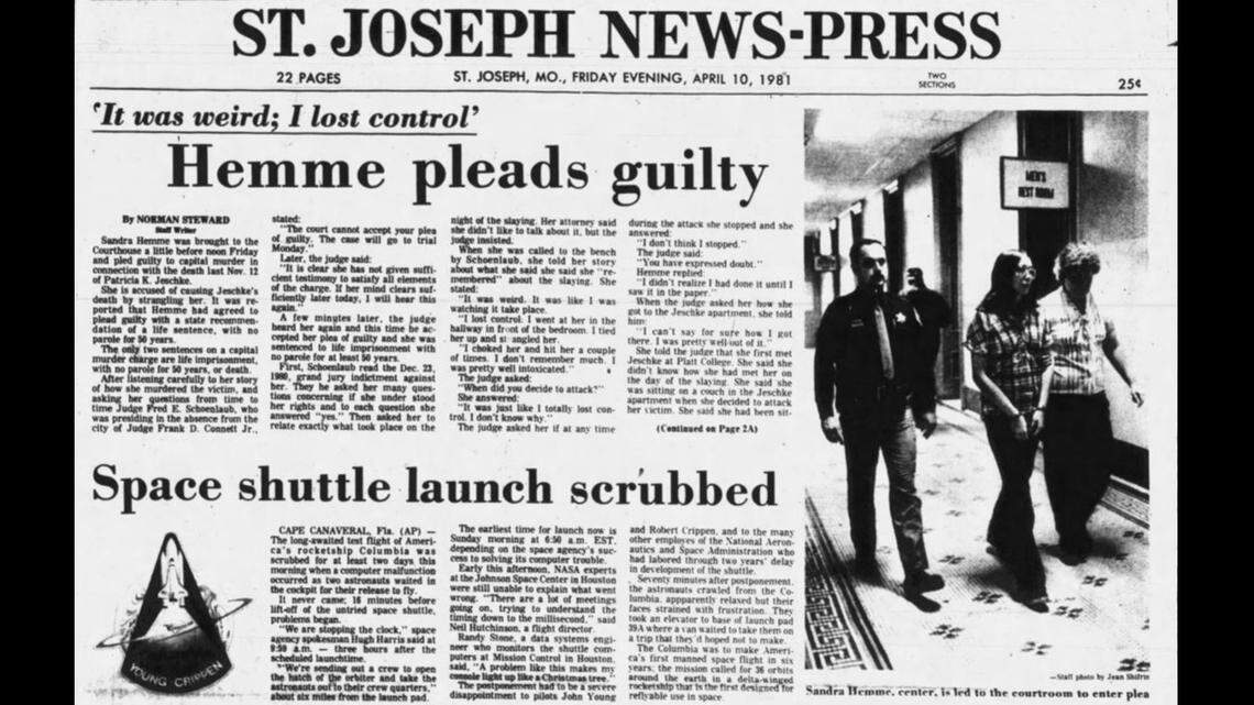 The front page of the St. Joseph News-Press on the evening of April 10, 1981, the day Sandra Hemme pleaded guilty to capital murder.