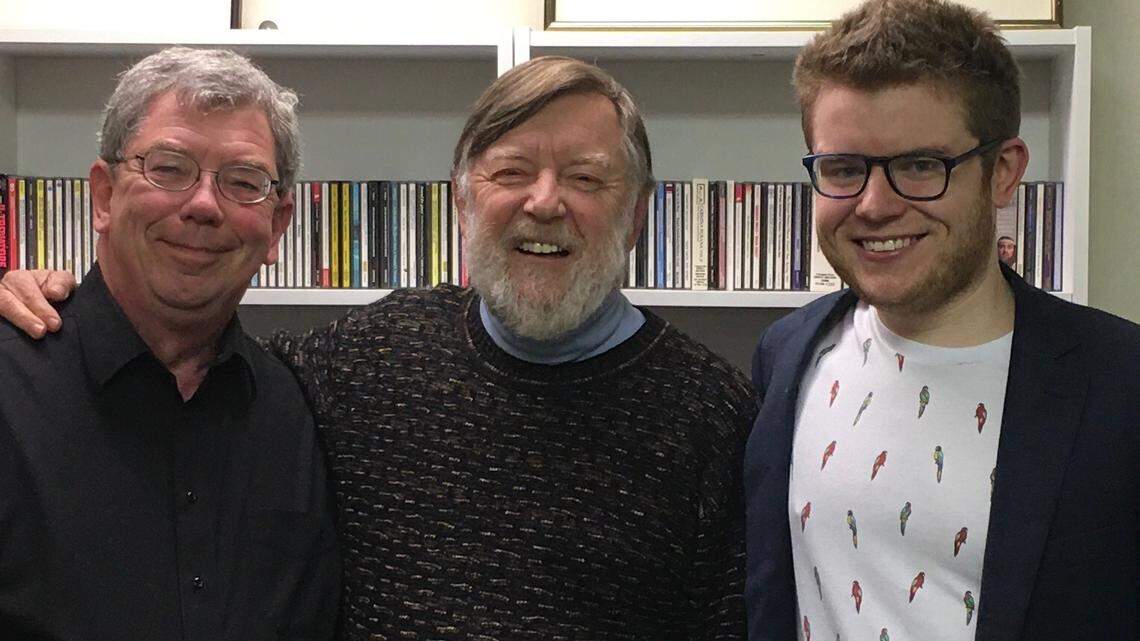 William Baker, left, has nothing but praise for conductor Andrew Davis, center, and his son, composer Ed Frazier Davis. Andrew Davis will conduct at a gala performance, when the William Baker Festival Singers and Symphony Orchestra perform the work of Ed Frazier Davis.