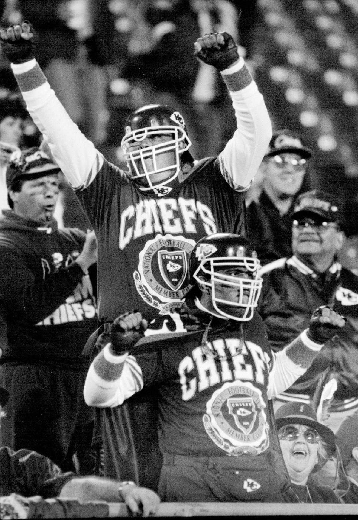 Abel Gonzalez, right, and brother Adrian Gonzalez call themselves the “Super Chief Brothers.” The moniker must have a basis in truth because these fans of 22 years follow the Chiefs all over the country. Abel lived in Los Angeles, and Adrian in New Mexico. They were part of a sold-out crowd at Arrowhead Stadium in 1992.