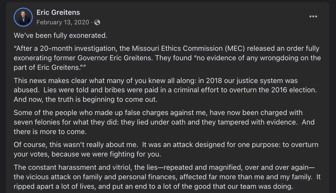 Eric Greitens went dark after resigning as governor of Missouri in 2018 until he stepped back into public view with this post on Facebook one year, eight months and 13 days after his resignation.