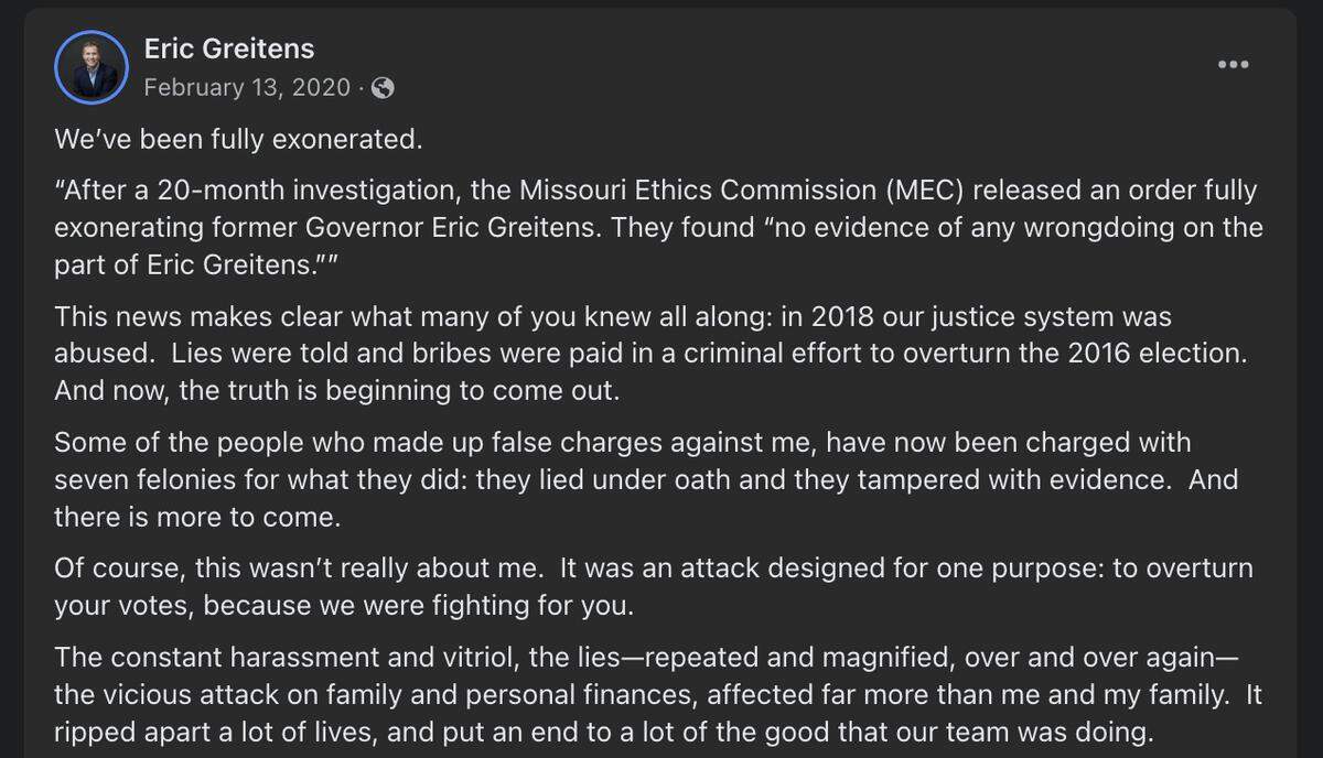 Eric Greitens went dark after resigning as governor of Missouri in 2018 until he stepped back into public view with this post on Facebook one year, eight months and 13 days after his resignation.