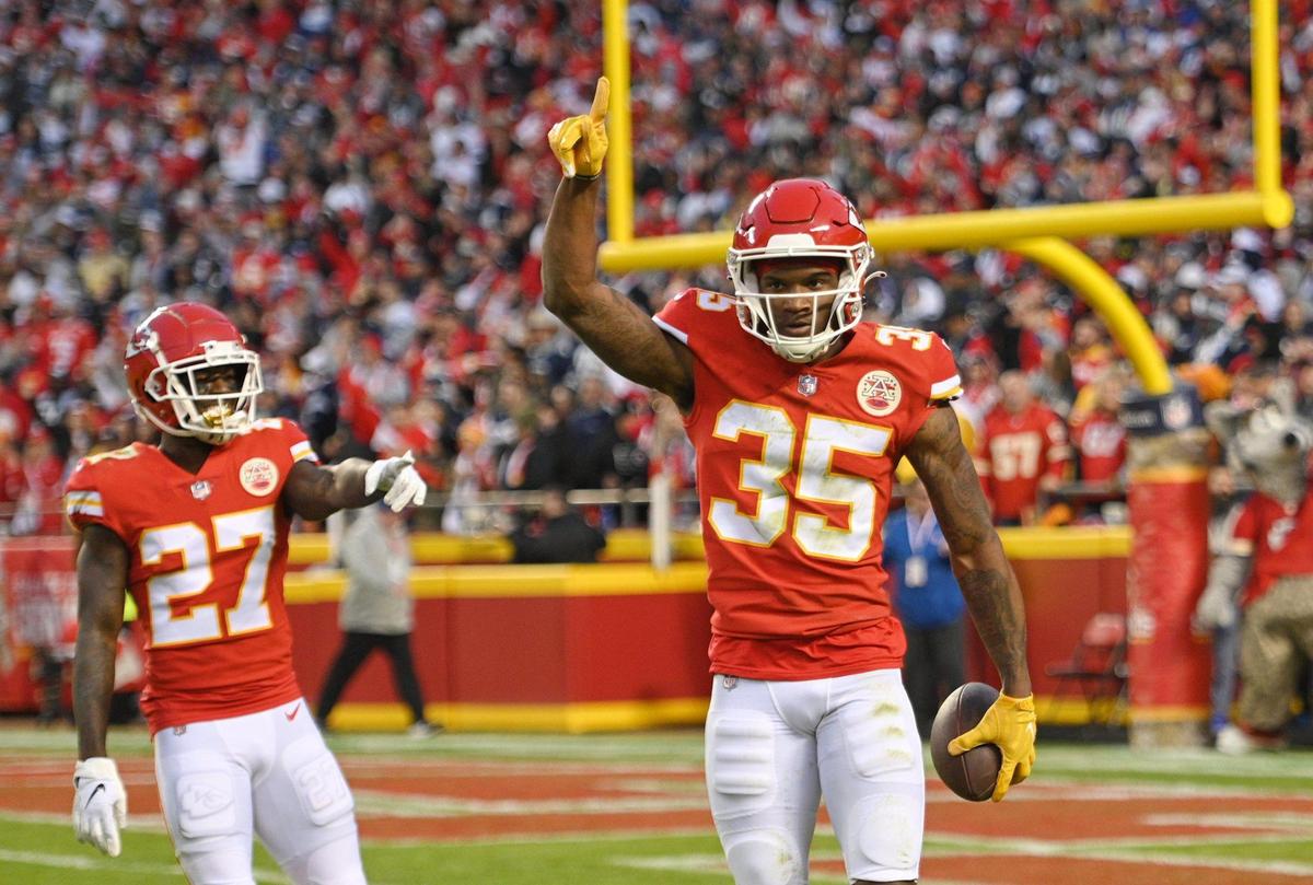 Kansas City Chiefs cornerback Charvarius Ward (35) celebrates an interception in the end zone during the first-half of the Dallas-Kansas City game on Sunday, Nov. 21, 2021 at Arrowhead Stadium in Kansas City.