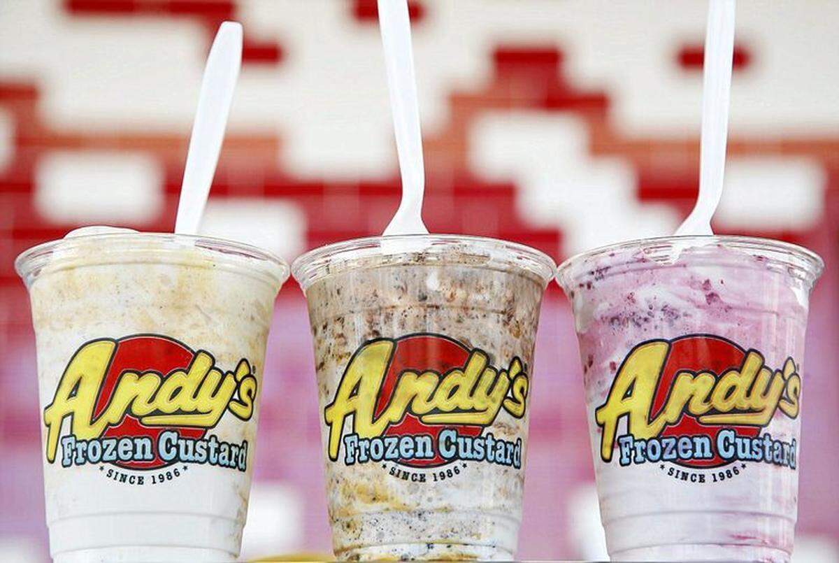 Andy’s Frozen Custard Concretes include peanut butter, BootDaddy (blended with Oreo cookies, creme caramel and hot fudge) and raspberry flavors.