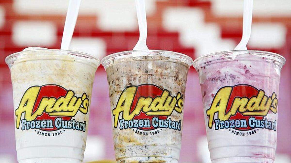 Andy’s Frozen Custard Concretes include peanut butter, BootDaddy (blended with Oreo cookies, creme caramel and hot fudge) and raspberry flavors.