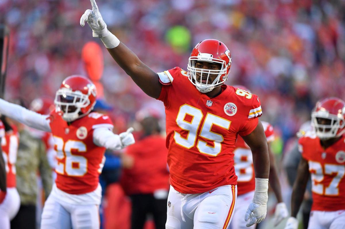 Kansas City Chiefs defensive tackle Chris Jones celebrates after he recovered a fumble by Dallas Cowboys quarterback Dak Prescott in the first quarter Sunday, November 21, 2021, after Prescott was sacked by Chiefs defensive end Frank Clark.