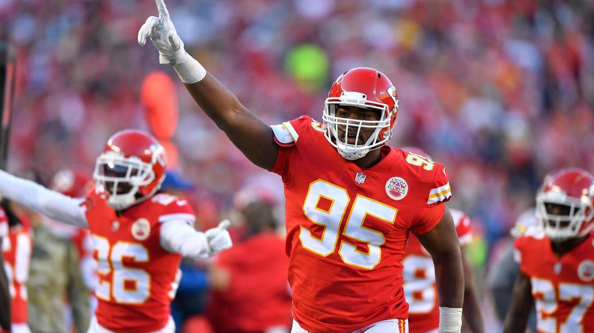 Kansas City Chiefs defensive tackle Chris Jones celebrates after he recovered a fumble by Dallas Cowboys quarterback Dak Prescott in the first quarter Sunday, November 21, 2021, after Prescott was sacked by Chiefs defensive end Frank Clark.
