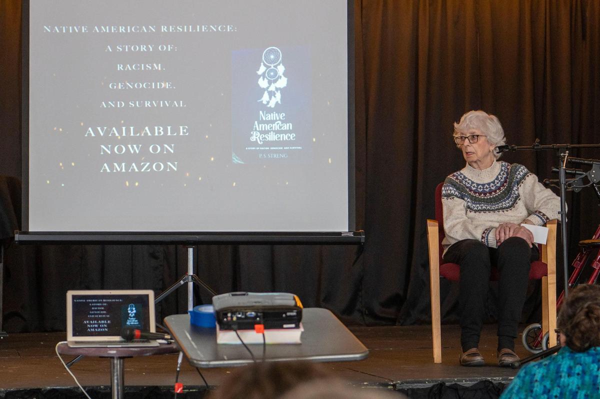 Pat Streng, the author of “Native American Resilience,” spoke about her experience writing her book during an event honoring indigenous people hosted by the Clay Countians for Inclusion at Garrison School on Saturday, Nov 5, 2022, in Liberty.