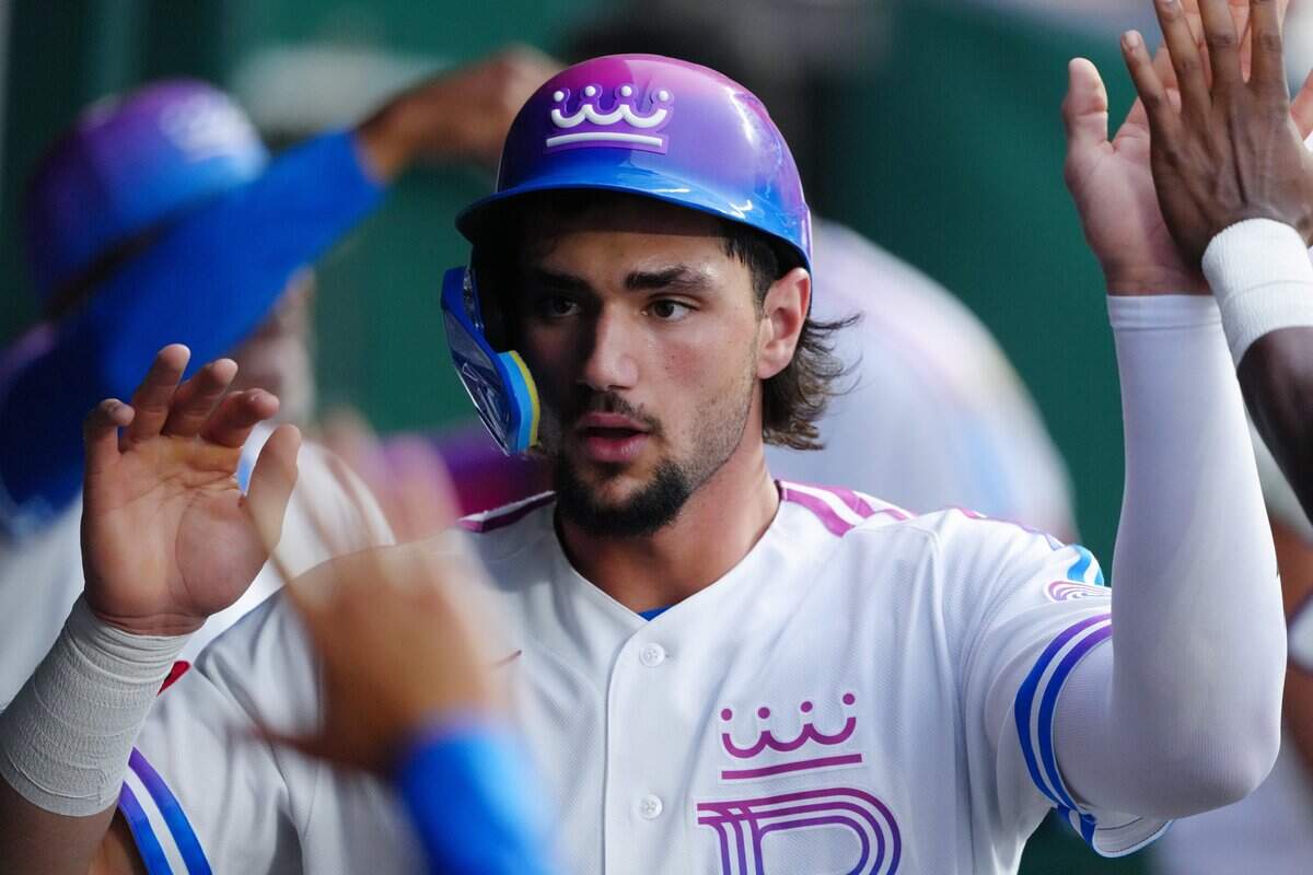 Jac Caglianone #14 of the Kansas City Royals celebrates after scoring against the St. Louis Cardinals in the fourth inning at Kauffman Stadium on June 19, 2026 in Kansas City.