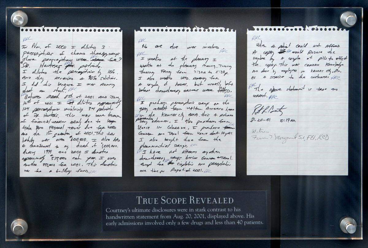 A handwritten statement by Robert Courtney was included in a 2013 exhibit of historic criminal cases at the federal courthouse in Kansas City.