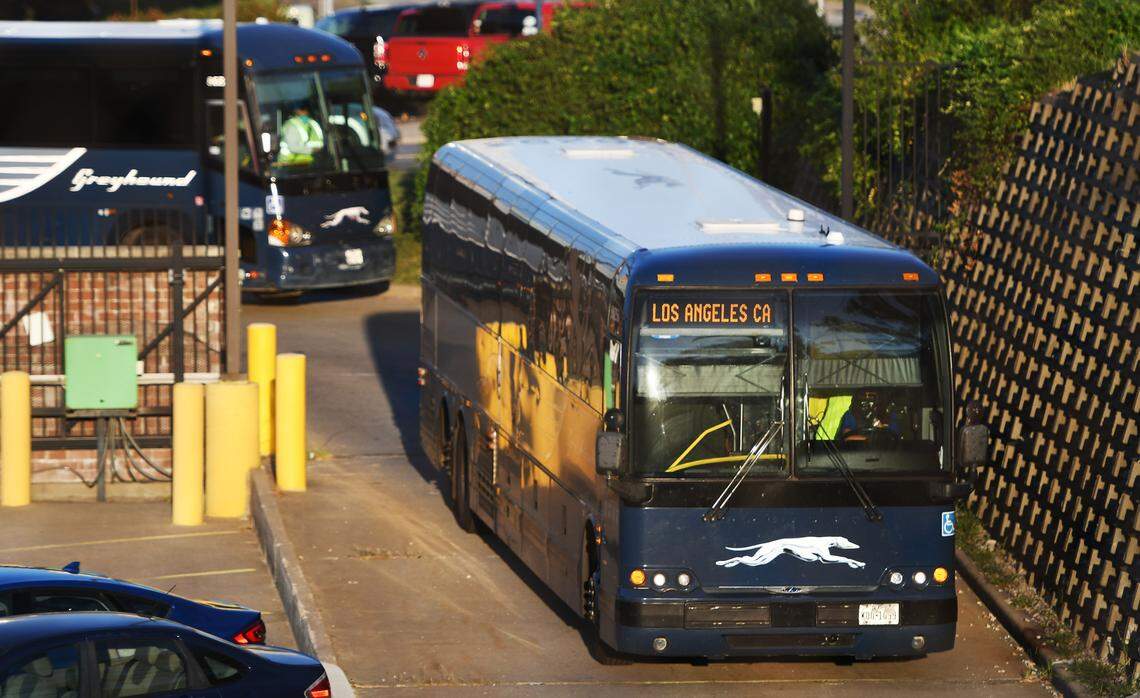 Greyhound buses, one headed to Los Angeles, arrive at the bus station in downtown Kansas City on September 16, where Kansas City police were waiting to search baggage with a drug-sniffing dog. Most of the interdiction cases examined by Jackson County prosecutors involved marijuana. Most defendants are from California — where recreational marijuana use is legal — and, for the most part, are taking drugs from one part of the country to another as they pass through Kansas City.