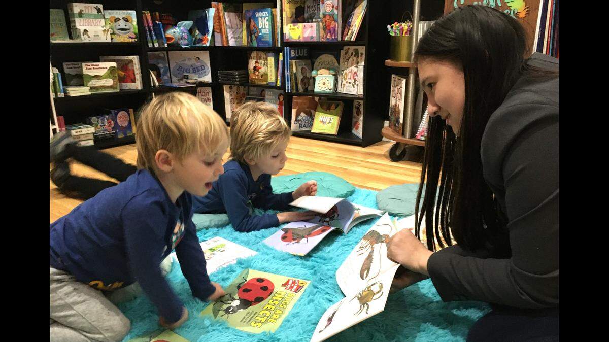 Simon Steil, 4, and Calvin Steil, 6, enjoy learning about bugs during Read Aloud night at Seven Stories bookstore in Shawnee. Halley Vincent, 14, who owns the store with her mother, is reading to the boys.