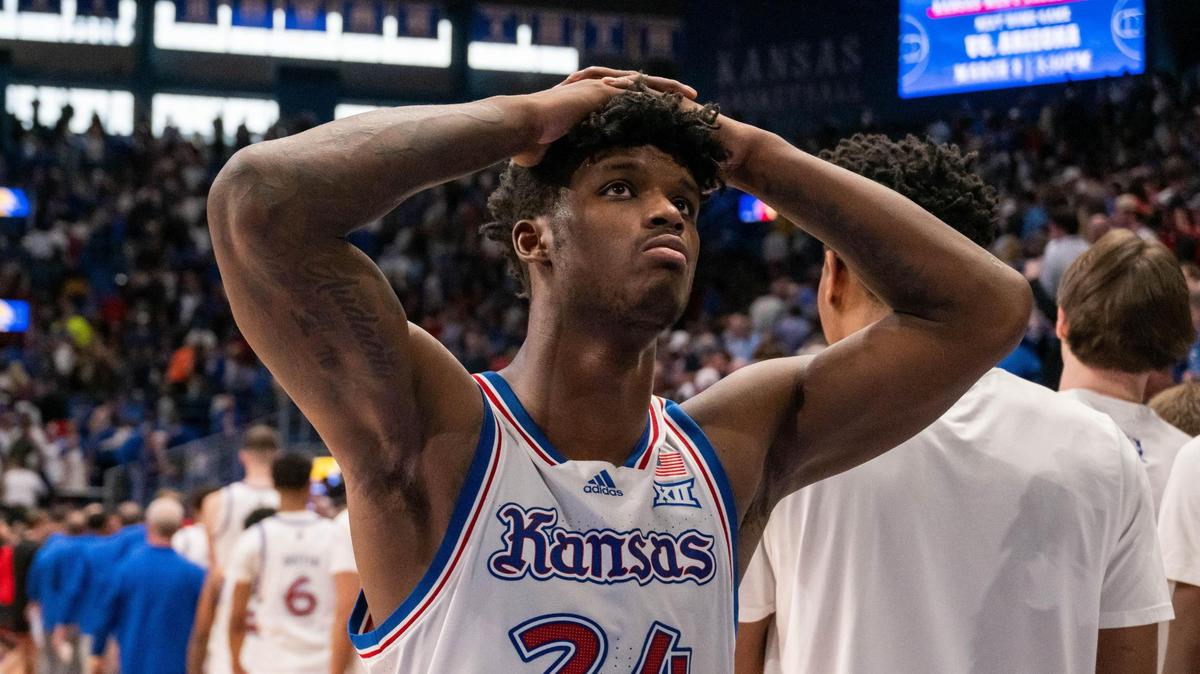 Kansas Jayhawks forward KJ Adams puts his hands on his head after the Jayhawks’ home loss vs. the Texas Tech Red Raiders on Saturday, March 1, 2025, at Allen Fieldhouse.