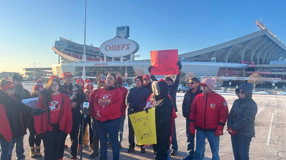 Samantha Sharkey speaks outside GEHA Field at Arrowhead Stadium on January 14, urging Platte County residents to come forward with information regarding the fatal shooting of her cousin Dennis Sharkey on January 10.